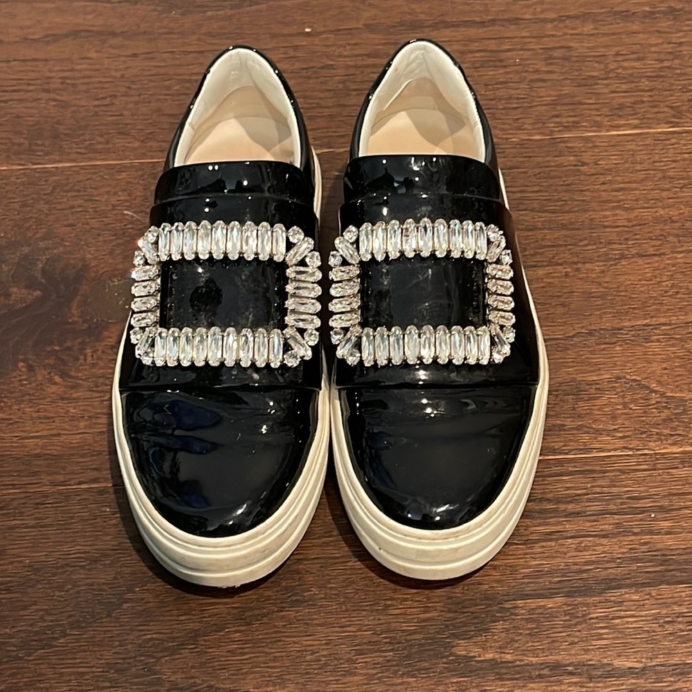 Roger Vivier Women’s Black Patent Leather Crystal Sneakers Size 34.5/4.5